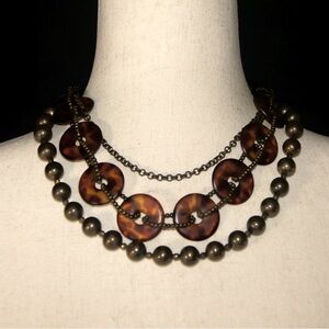 Necklace Vtg Tortoiseshell Brass Chain  Women’s MCM 70’s 3 Strands Boho